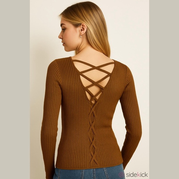 Ambiance Sweaters - Ambiance Apparel Gold Ribbed Sweater Size Small Features A Lace Up Back  NWT